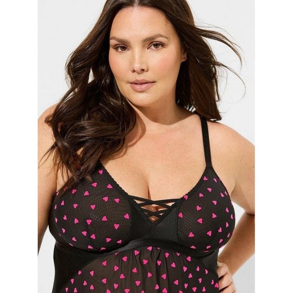 Torrid Black Mesh Flocked French Pink Hearts Babydoll Lingerie Chemise Size 2 2X - Picture 2 of 9